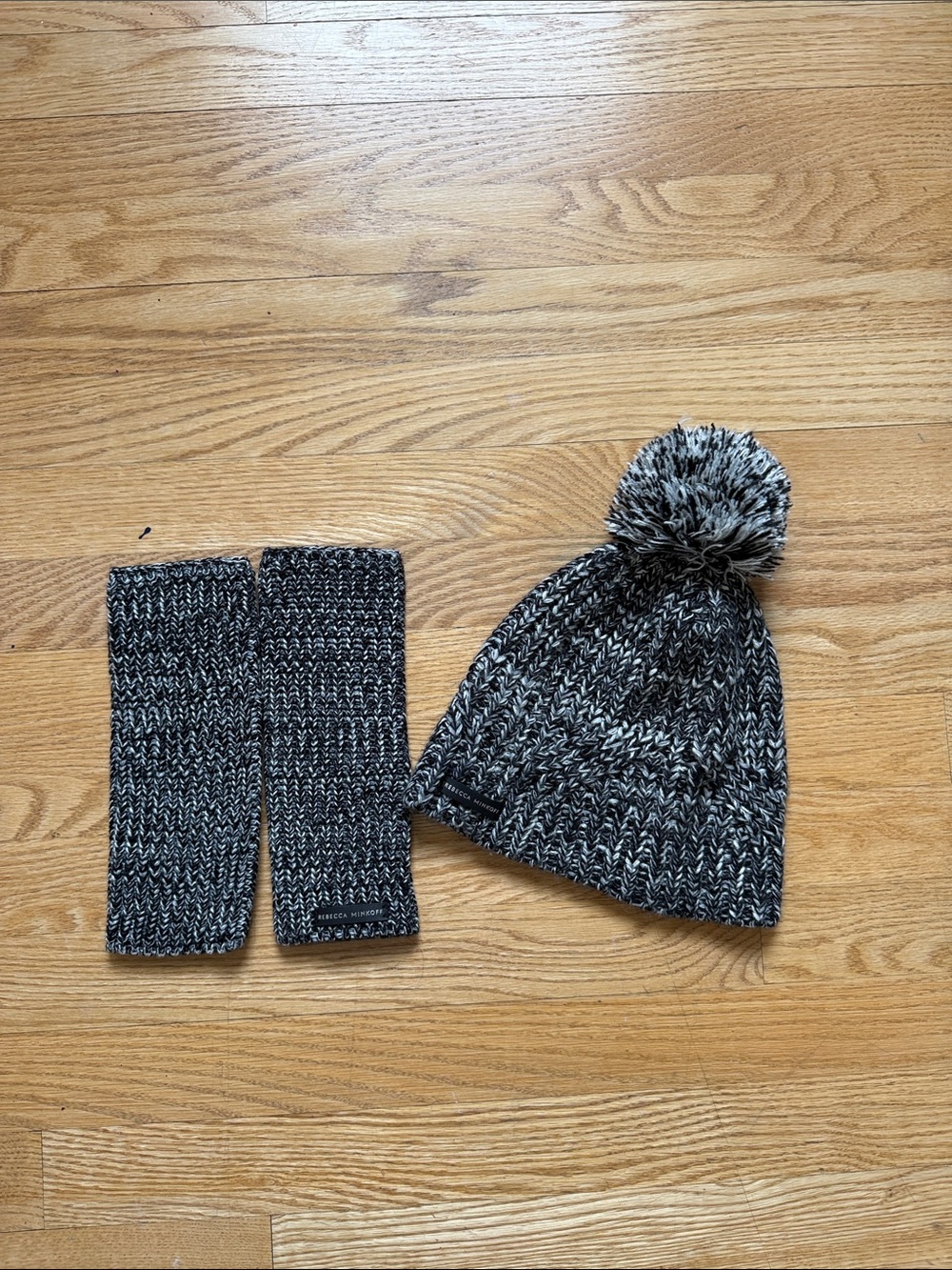 Rebecca Minkoff Black & White Marled Pom Beanie with Wrist Warmers